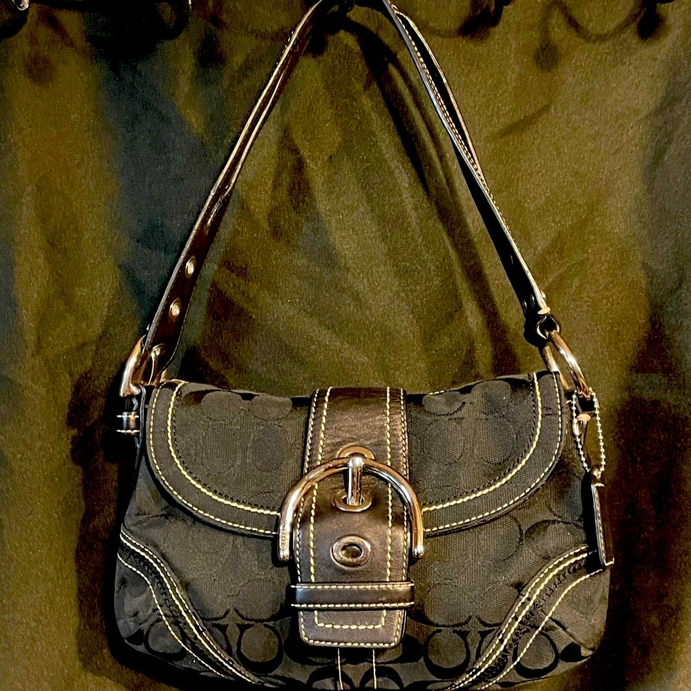 Coach Black Signature Jaquard Buckle Soho Hobo Bag